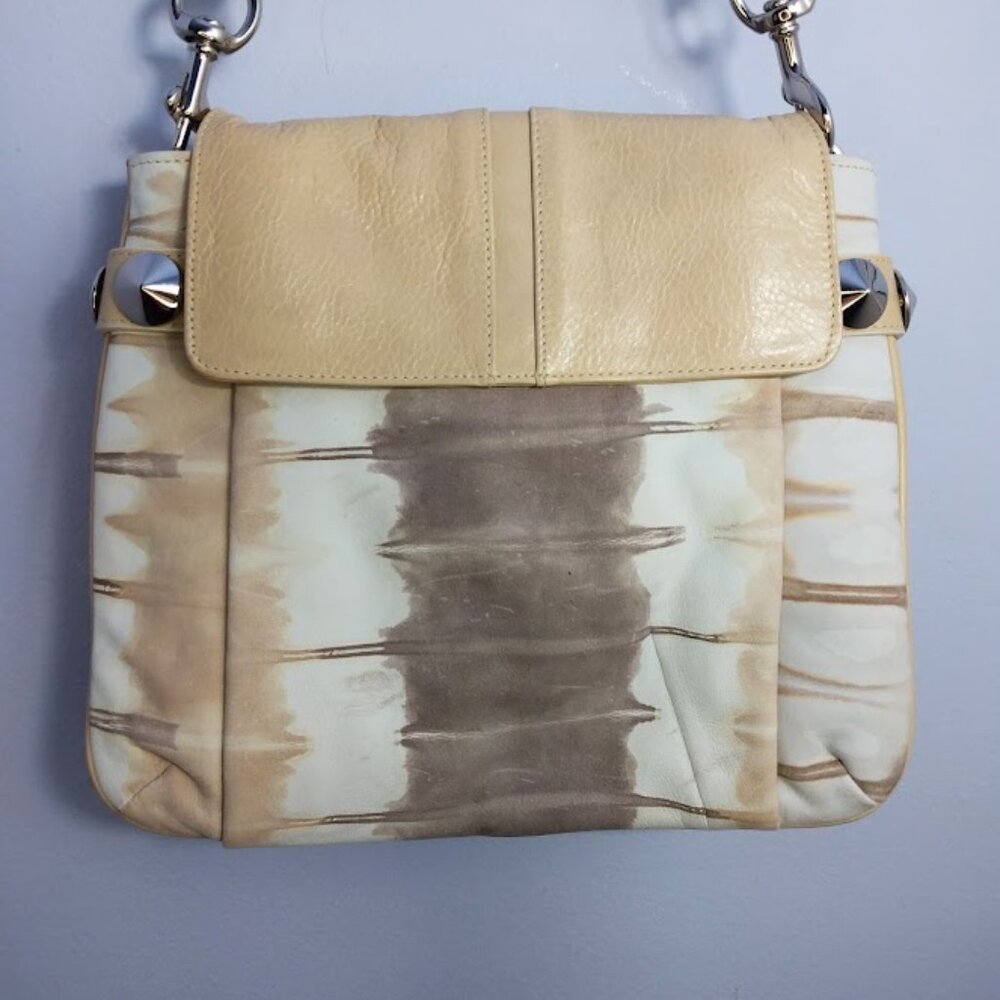 Women's Leather & Suede Shoulder Handbag Beige Cream Studded Neutral FLAWS - Picture 4 of 16